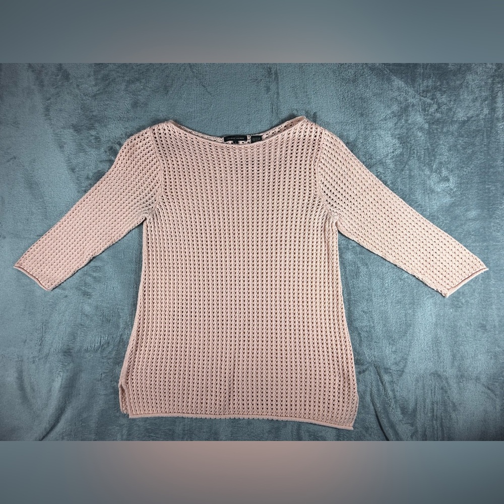 Light Peach Pink Cotton Open Knit Sweater 3/4 Sleeve
Layering Spring Top Large